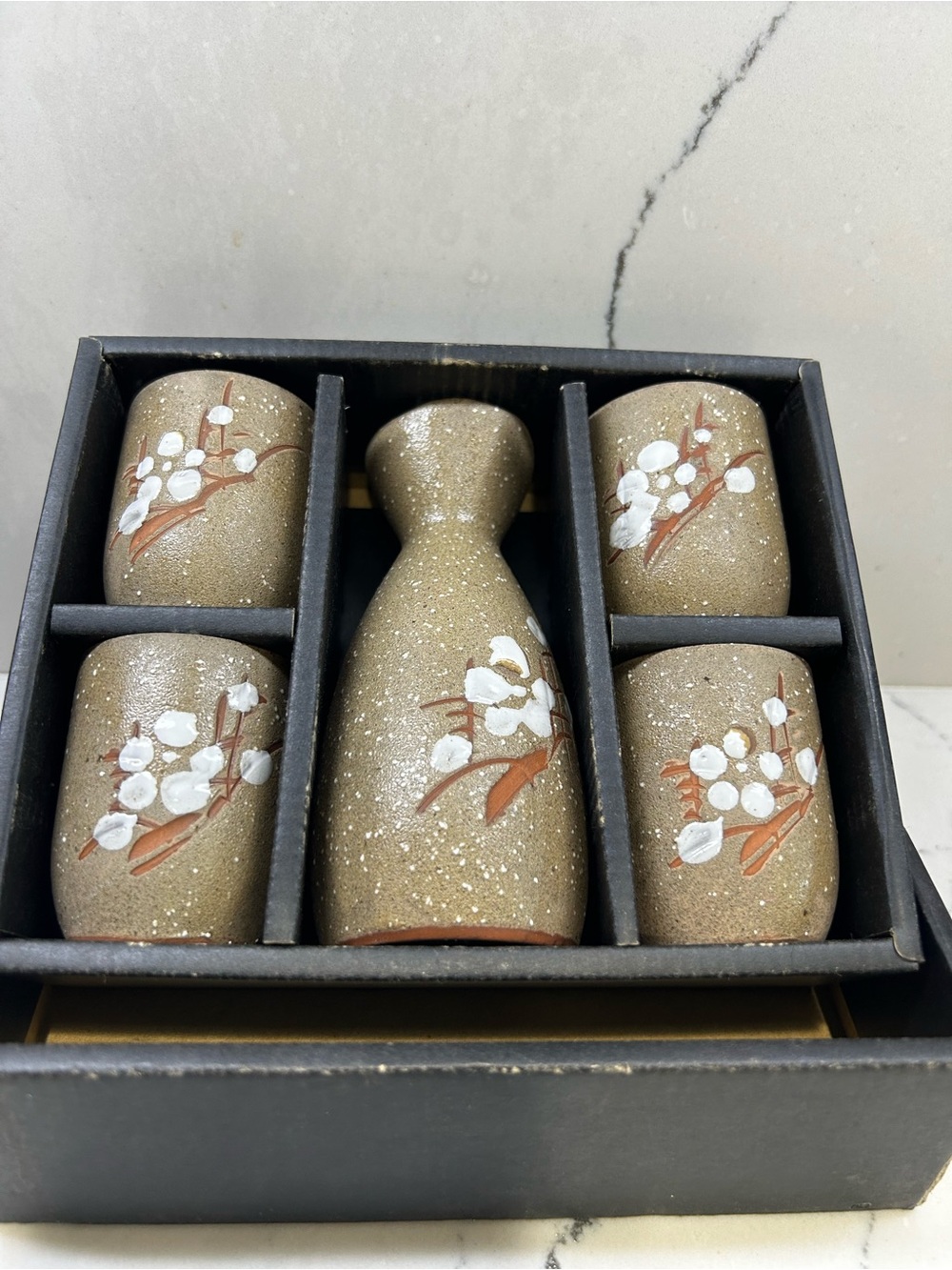 Speckled Ceramic Sake Set with White Floral Motif